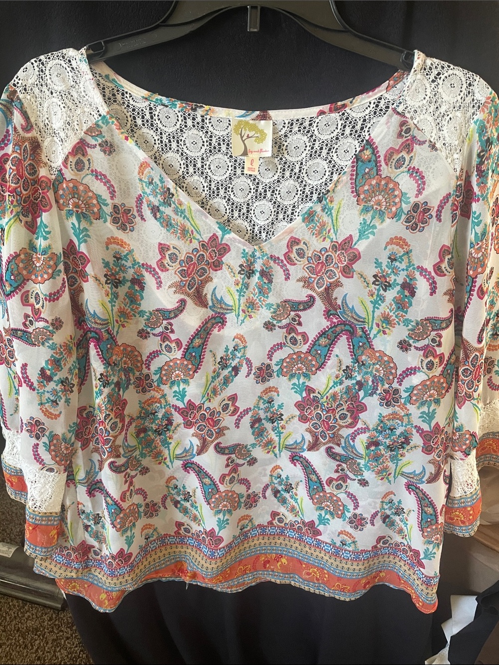 fig and flower White Paisley Crochet Yoke Blouse with Pink, Teal & Orange